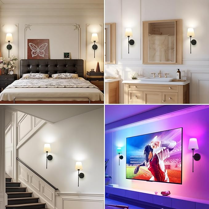 Wall Lights Battery Operated Wall Sconces Set of 2, Rechargeable Wall Sconce with Dimmable Bulbs and Remote, Black Wireless Wall Lamps Battery Powered with Fabric Shade