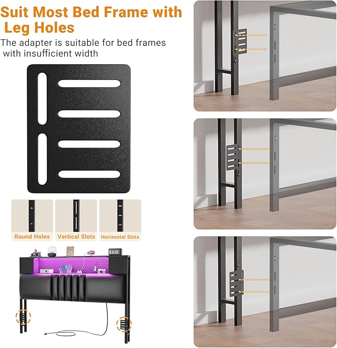 Unikito Headboard for Full Size Bed with Storage and Cabinet, Black Upholstered Headboards with Outlets, USB Ports, and DIY Color of LED Light, Full Head Board Only, Comfortable Headboard, Black