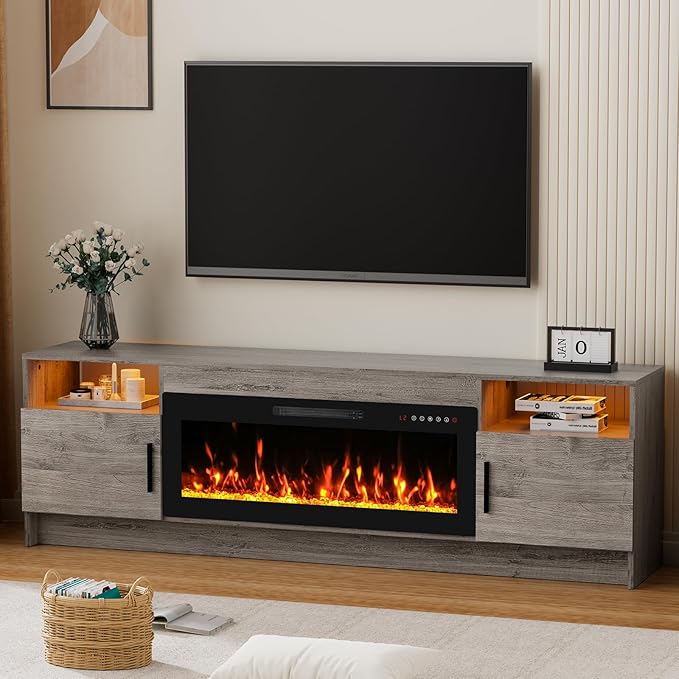 70'' TV Stand with Fireplace-Oak Grey Entertainment Center for 75+ inch TV- TV Cabinet with LED Light, Storage, High Glossy Door, Modern TV Console for Living Room
