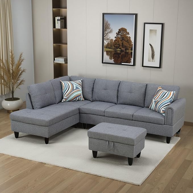 L Shaped Couch Sectional Couches with Chaise and Storage Ottoman, 3 Pieces Modular Convertible Sofa for Living Room Furniture Sets and Small Apartment, Light Grey
