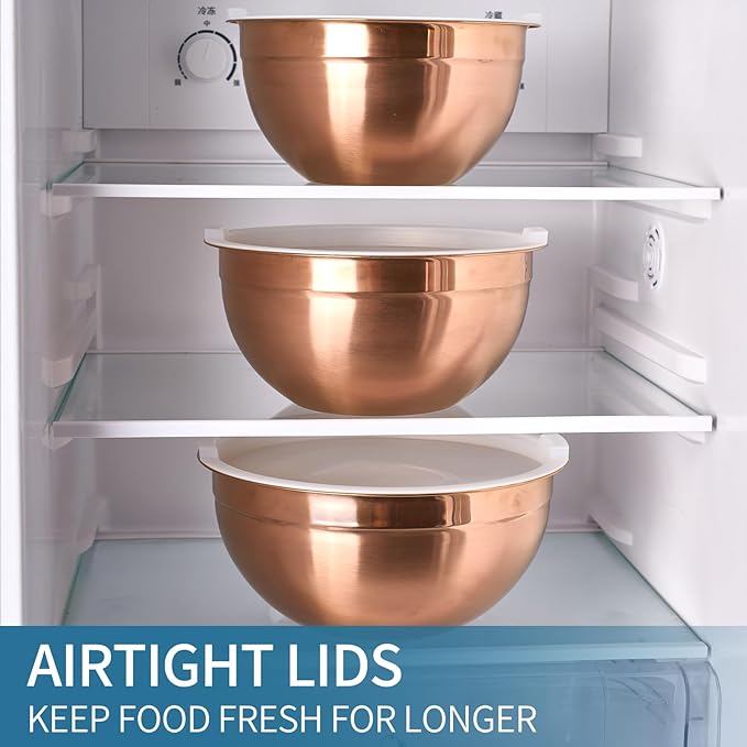 Rose Gold Mixing Bowls With Airtight Lids,Stainless Steel Bowl,Salad Bowls 5 Piece Colorful Nesting Bowl Rose Gold Kitchen Accessories,Size 5.5,3.6,2.7,2.1,1.5QT Stackable Design
