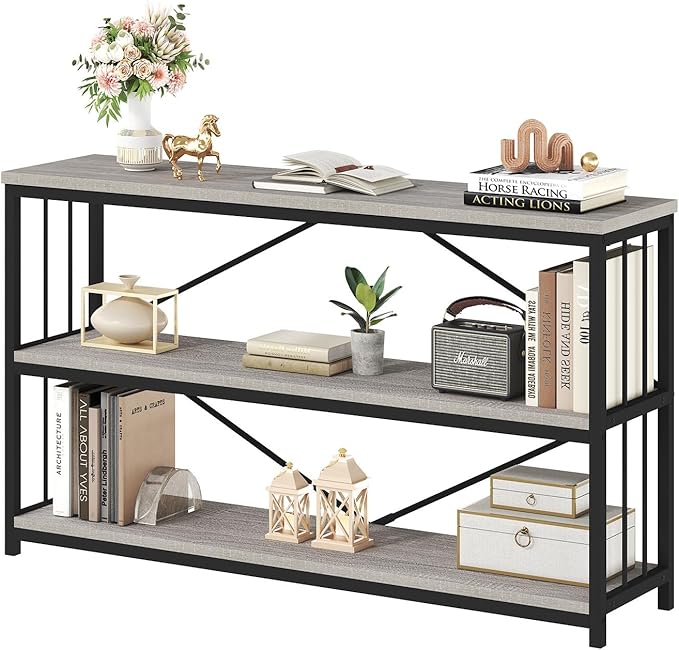 HSH Horizontal Bookshelf, Industrial Metal Wood Low Bookcase, Open 3 Tier Small Bookshelves with Storage for Living Room, Farmhouse Short Etagere Book Shelf for Office Bedroom, Light Grey Oak, 47 Inch