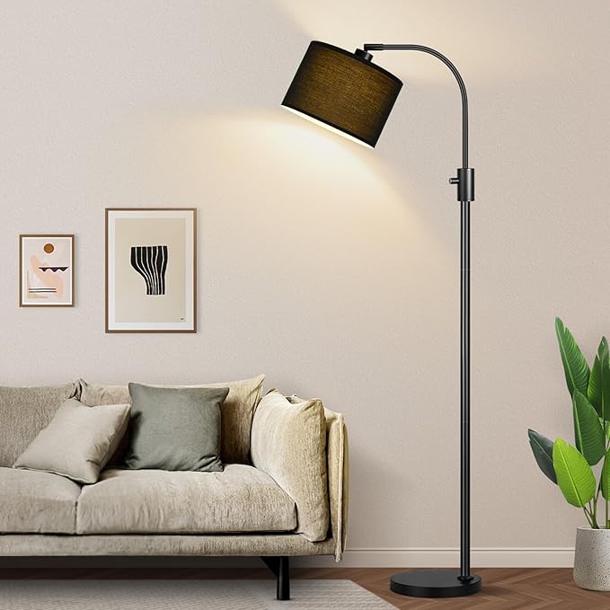 【Upgraded】 Dimmable Black Floor Lamp, 1200 Lumens LED Bulb Included, Arc Floor Lamps for Living Room Modern Standing Lamp with Black Shade, Tall Lamp for Living Room Bedroom Office Reading Room Office