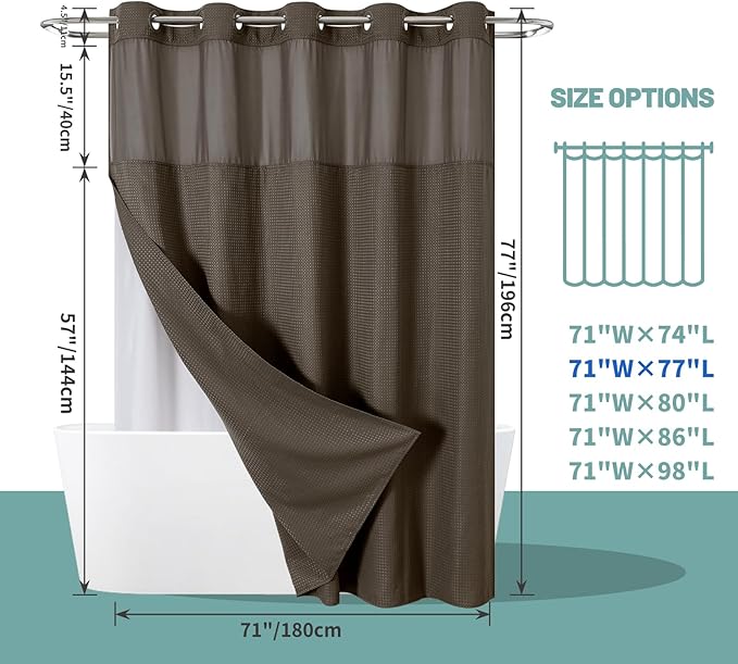 Brown No Hook Waffle Weave Shower Curtain with snap-in Liner Replacement, 230GSM Waterproof Fabric Hotel Shower Curtain Set for Bathroom, Through Mesh Top Window,71Wx77H