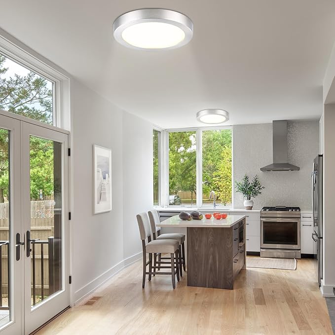 Flush Mount Ceiling Light Fixture, 7 Inch LED Modern Kitchen Light, Metal and Glass, Slim Dimmable Brushed Nickel Ceiling Light for Low Ceiling, 17W, 3000K, 2 Pack