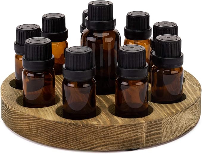 MyGift Small Essential Oil Bottle Holder - 10 Slot Brown Wood Round Storage Display Rack, Nail Polish Holder, Lipstick Organizer