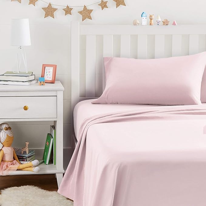Amazon Basics Kid's Soft Easy-Wash Lightweight Microfiber 3-Piece Sheet Set, Twin, Light Pink, Solid