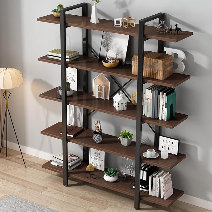 5 Tiers Bookshelf, Classically Modern White Bookshelf, Book Rack, Storage Rack Shelves in Living Room/Home/Office, Books Holder Organizer for Books/Movies (Dark Walnut, 5 Tiers)