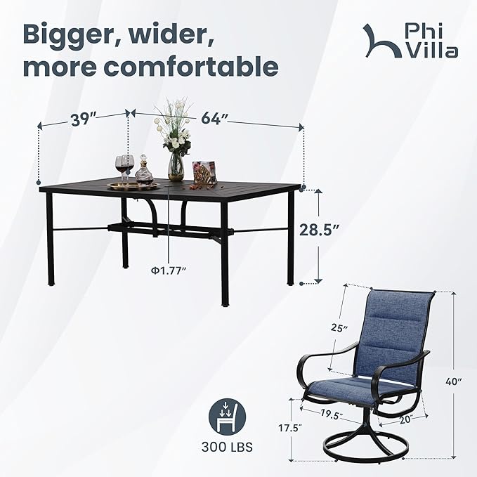 PHI VILLA 7 Piece Patio Dining Set, 6 Outdoor Swivel Dining Chairs with Blue Padded Textilene and 1 Large Metal Table(1.7''Umbrella Hole), Outdoor Dining Furniture Set for Lawn Garden Deck