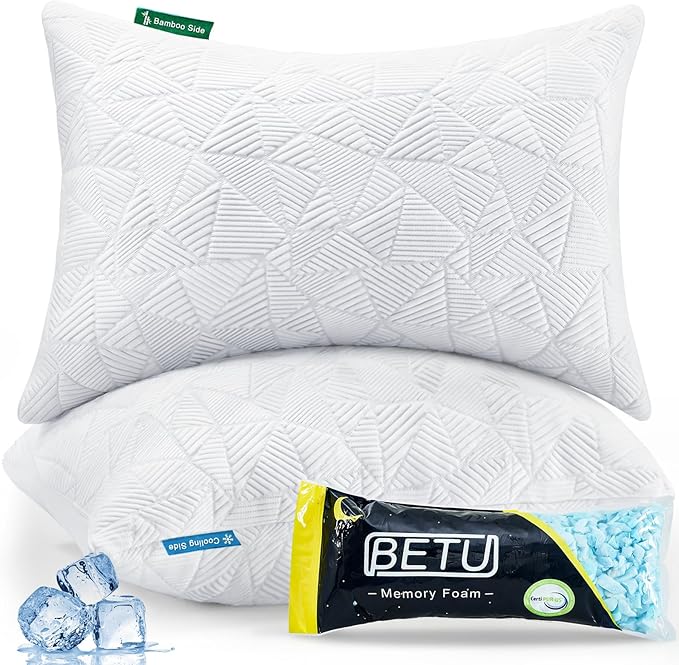 BETU Cooling Pillows Queen Size Set of 2, Shredded Memory Foam Pillows Cool for Hot Sleepers, Adjustable Firm Soft Support Bed Pillows Perfect for Back Neck Pain and Side Sleeping with Cover, White