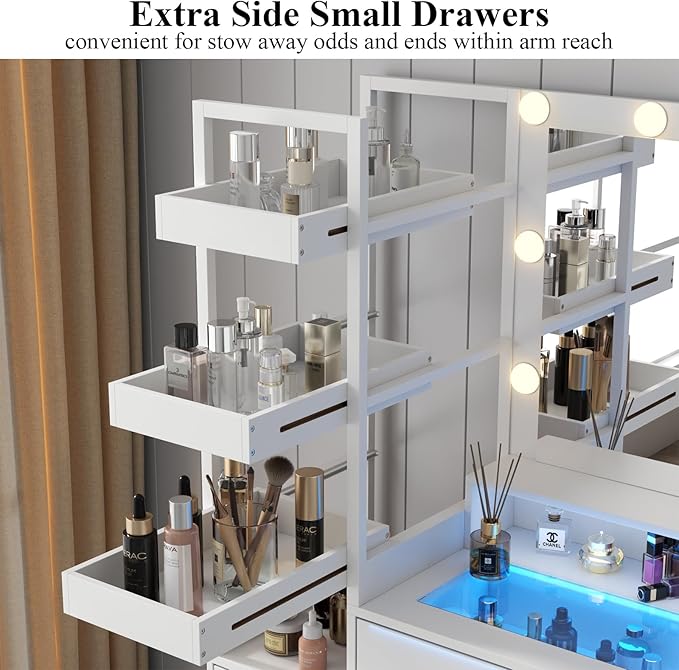 White Vanity Desk with Mirror and Lights, 8 Drawer Makeup Vanity Table with Glass Top, Power Outlets and RGB Lights, Women & Girls Dressing Table with Lighted Mirror(Stool Not Included)