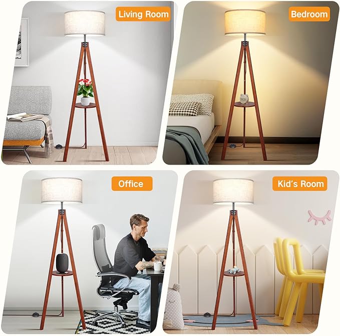 OUTON Dimmable Wood Tripod Floor Lamp with Shelves, Remote Control, Mid Century Modern Standing Lamp 58.5" for Bedroom, Living Room, and Office, Flaxen Lamp Shade Include E26 9W Bulb