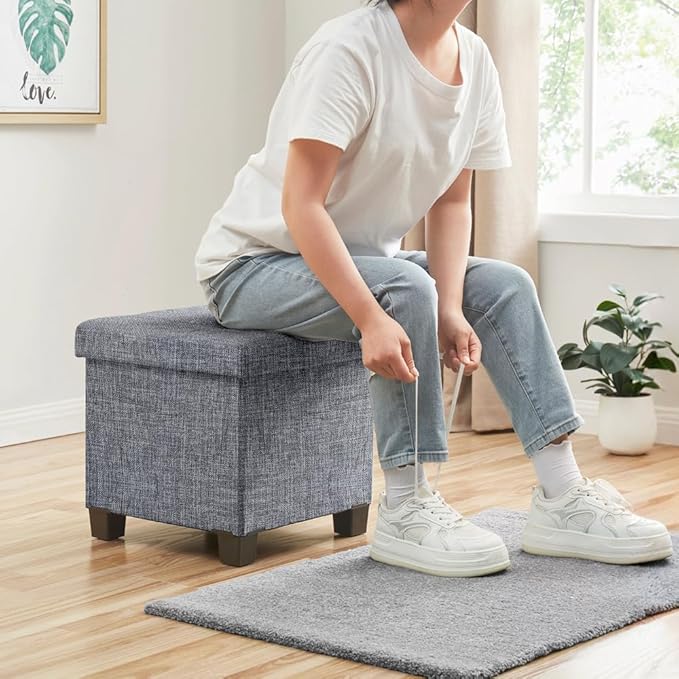Ornavo Home 15 Inch Folding Storage Ottoman with Storage, Square Cube Linen Small Storage Ottoman Foot Rest Stool with Legs - Gray