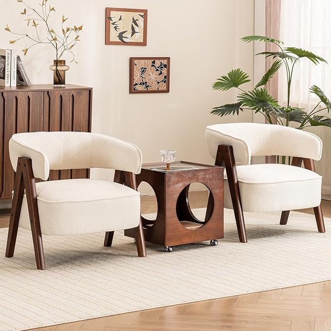 Kidol & Shellder Mid Century Accent Chair Set of 2 Comfy Fabric Modern Living Room Bedroom Chairs Upholstered Lounge Reading Armchair with Thicken Seat Cushion Wood Frame (White)