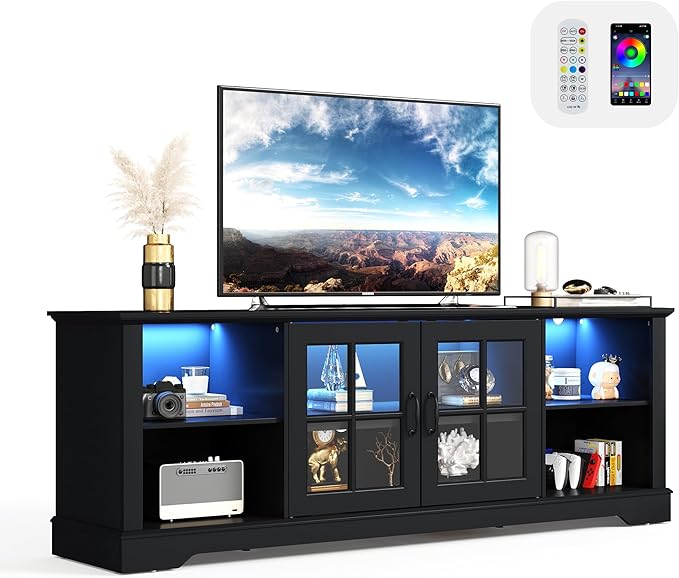 LINSY HOME TV Stand for 75 Inch TV, 68" Entertainment Center with LED Lights and Glass Door Storage Cabinet, Modern Farmhouse TV Media Console Table for Living Room, Black
