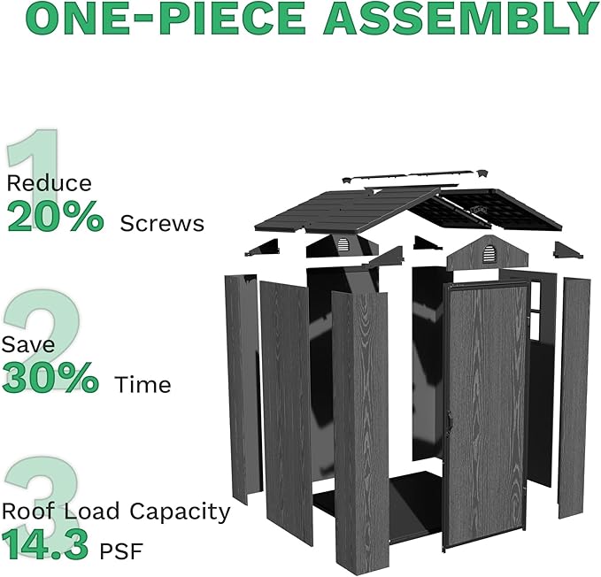 Greesum 4×4FT Plastic Outdoor Storage Shed with Floor, Resin Storaged Sheds with Lockable Door, Window & Vent, All-Weather Tool Sheds for Garden, Backyard, Patio, Dark Gray (One-Piece Panel)