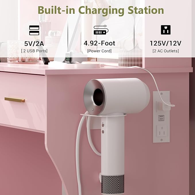 Small Vanity Desk with Mirror and Lights, Makeup Vanity with LED Lights, Pink Vanity Mirror with Lighted Desk and Chair, 3 Lighting Adjustable Compact Dressing Table with Mirror for Women, Girls