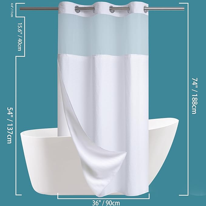 Conbo Mio Stall No Hook Waffle Weave Shower Curtain with Snap in Liner Set, Hotel Luxury White Shower Curtains for Bathroom with See Through Top Window, Waterproof, Washable 36W x 74H