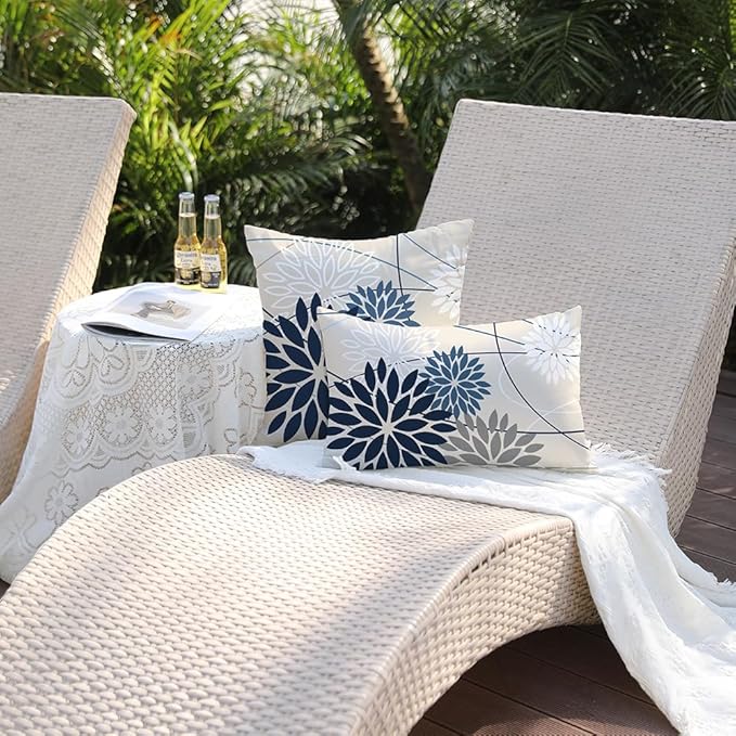 Blue and Gray Floral Pillow Covers 12x20 Set of 2 Outdoor Waterproof White Colored Decorative Throw Pillows Summer Pillowcase Polyester Cushion Case Decor for Couch Patio Funiture Garden Porch 01B12