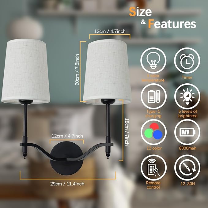 Wall Lights Battery Operated Wall Sconces 2-Light, Black Rechargeable Wall Sconce with 15 RGB Dimmable Detachable Bulbs and Remote, Wireless Battery Powered Wall Lamp for Living Room Bedroom