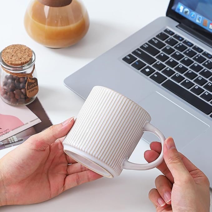 Coffee Mugs Set of 4, 12 OZ Ceramic Coffee Mugs with Handle, Vertical Stripes Coffee Cups Set for Latte/Tea/Cocoa/Milk, Microwave and Diahwasher Safe (Beige)