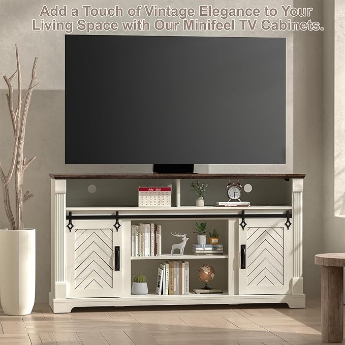 Farmhouse TV Stand for 65+ Inch TV, 31" Tall Entertainment Center with Sliding Barn Door, Rustic TV Stands for Bedroom with Adjustable Shelf, Wooden TV Consoles for Living Room, Antique White