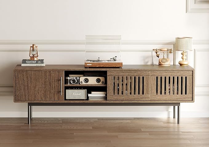 Claiks Mid Century Modern TV Stand for TV up to 70 inch, Entertainment Center with Sliding Barn Doors & Adjustable Shelve, Retro Low Profile Media Console TV Table for Living Room, Walnut