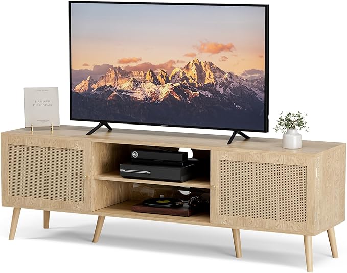 TV Stand for TVs up to 65'', Entertainment Center With Rattan Door, Shelves & 2 Cabinets, Long Boho Media Console for Living Room, Natural