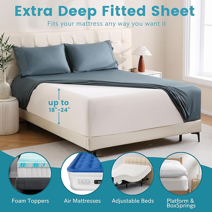 Bedlifes King Sheet Set, Extra Deep Pocket 18-24 Inches,1000Thread Count 100% Egyptian Cotton, Soft and Breathable Sateen 4-Piece,Lake Blue