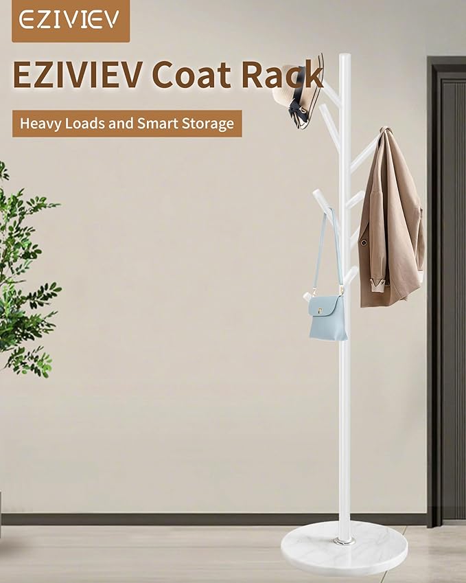 EZIVIEZ Modern Coat Rack Stand, Metal Freestanding Coat Rack with Natural Marble Base, White Coat Racks with 8 Hooks and Coat Hanger Tree Jacket Stand for Office, Entryway, Hallway