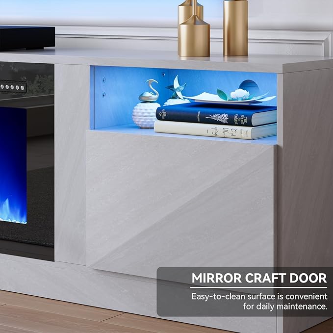 oneinmil 80” TV Stand with 36” Electric Fireplace, Large Modern Media Entertainment Center with Storage Cabinet and 12 Colors LED Lights for TVs Up to 90", Gray TV Stand and Black Fireplace