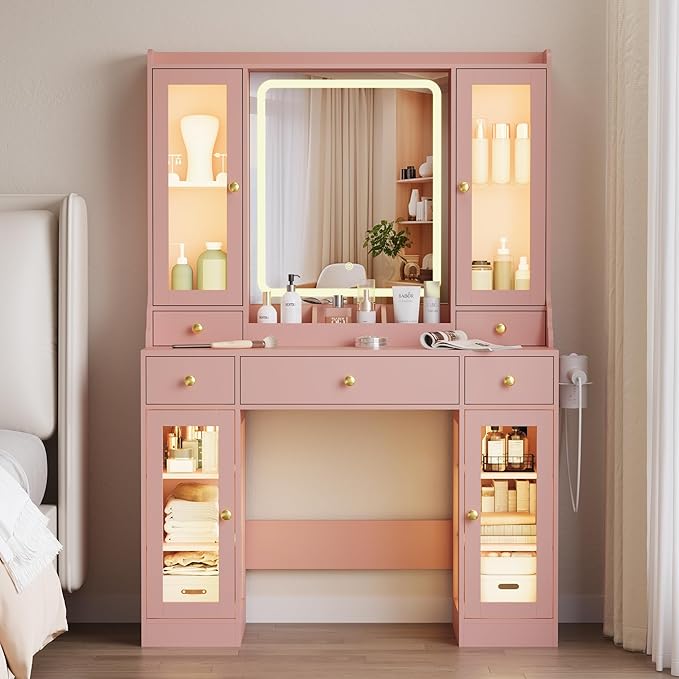 Vanity Desk with Mirror and Lights, Pink Makeup Vanity Table with 3 Modes & Adjustable Brightness, Glass Cabinets, Drawers, Outlet, Modern Dressing Table for Bedroom, Girls, Women, Teens