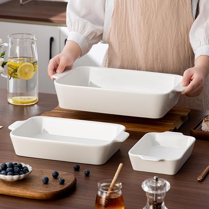 YUN TAO Casserole Dishes for Oven, Porcelain Baking Dishes, Ceramic Bakeware, Rectangular Lasagna Pans Deep with Handles for Baking Cake Kitchen,Cake Dinner,3-Piece (Set of 3, White) (White, 15.1 Inch)
