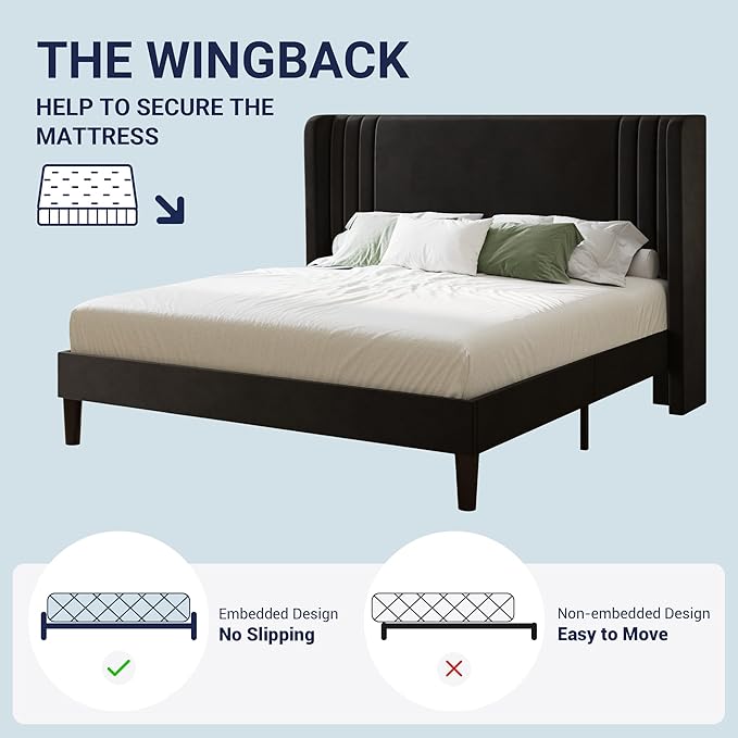 Allewie Full Size Velvet Platform Bed Frame with Vertical Tufted Wingback Headboard, Easy Assembly, Under Bed Storage, No Box Spring Required, Modern Style, Black