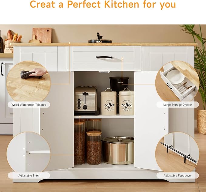 Stationary Kitchen Islands Include 2 Chairs, 47" Kitchen Island with Drop Leaf, Home Bar Table with Spice Rack & with Trash Cabinet, Island Table for Dining Room with Power Outlet, White