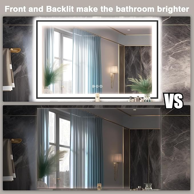 60x40 LED Mirror for Bathroom - Matte Black Framed (Front and Backlit), Anti-Fog Vanity Mirror with Lights,Stepless Dimmable Lit Mirror,3 Colors Smart(Horizontal/Vertical)