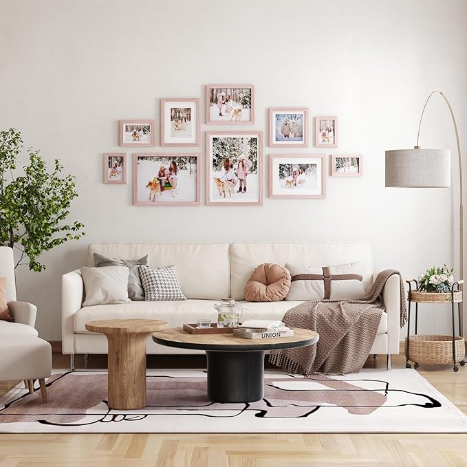 Egofine 9x12 Picture Frame Made of Solid Wood Covered by Plexiglass, Wood Frame for Pictures 5x7/6x8 with Mat or 9x12 without Mat, Tabletop and Wall Mounting Display, Peach Pink