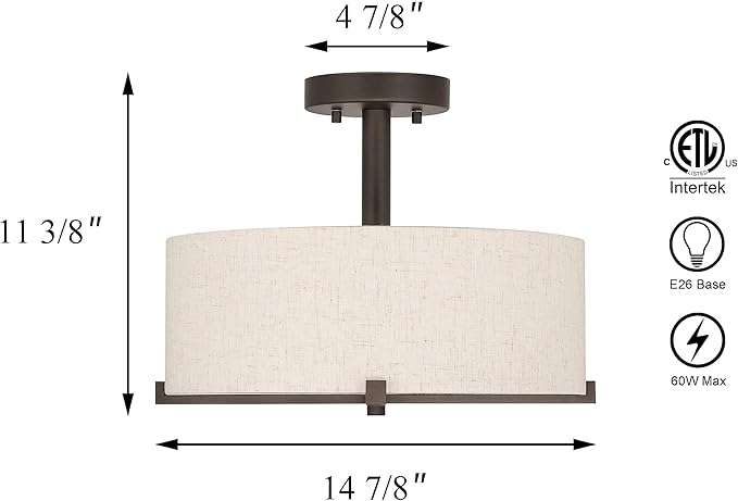 XiNBEi Lighting 3 Light Semi Flush Mount Ceiling Light Fixture, Drum Light with Fabric Shade, Modern Close to Ceiling Lamps for Bedroom, Dining Room, Kitchen, Hallway, Entry, Foyer