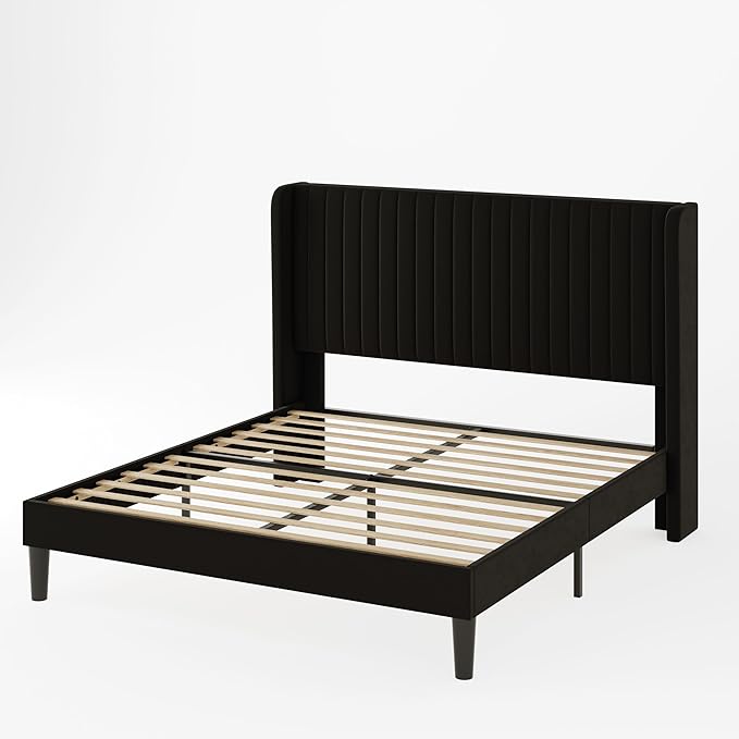 Allewie Full Size Velvet Bed Frame/Vertical Channel Tufted Wingback Headboard/Upholstered Platform Bed/Strong Wooden Slats/No Box Spring Needed/Easy Assembly/Black