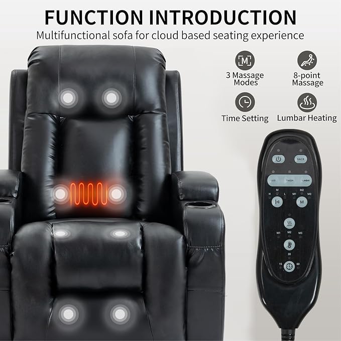 PELUMY Power Lift Recliner Chair for Elderly with Massage & Heat - Heavy Duty Electric Lift Chair, Oversized Recliner, Lay Flat, 8-Point Vibration, Lumbar Heating, USB Port, Cup Holders (Black)