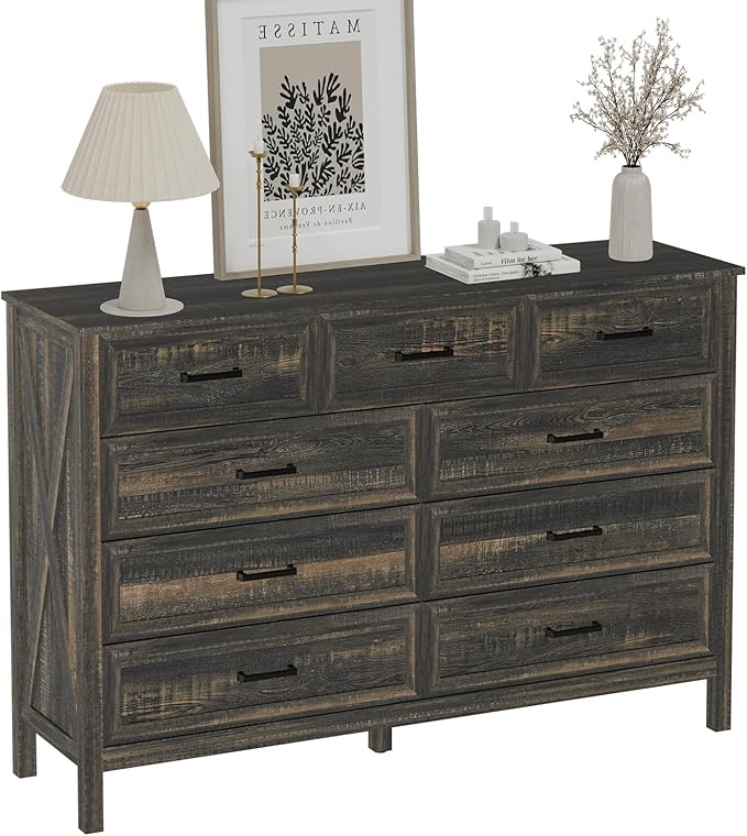LYNSOM Farmhouse 9 Drawer Dresser for Bedroom, 55 Inch Wide Wood Rustic Chest of Drawers with X-Marking & Bar Handle, Large Storage Dressers Organizer for Bedroom, Living Room, Dark Rustic Oak