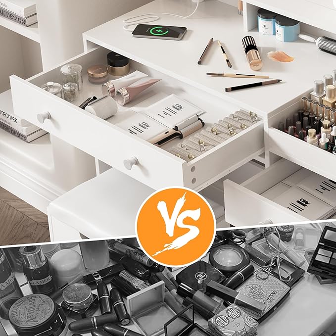 Vabches Vanity with Mirror and Lights, Makeup Vanity Table with Charging Station, Cute Vanity Set with Comfortable Bench, Dressing Table with 3 Storage Compartments, 39.8inch, White