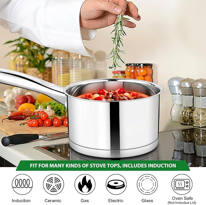 TeamFar 2 qt Saucepan with Lid, Stainless Steel Small Sauce Milk Pan with Tri-ply Bottom for Induction/Gas/Electric/Ceramic, Healthy & Heavy Duty, Mirror Finish & Straight Side, Dishwasher Safe