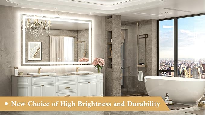 TETOTE 60 x 40 LED Lighted Bathroom Mirror with Lights, Brighter Frontlit and Backlit Led Mirror for Bathroom Wall, Light up Vanity Anti Fog Mirror, 3-Color Dimmable, Waterproof, Tempered Glass