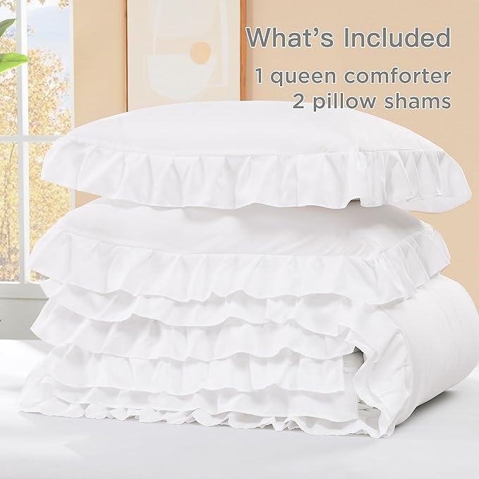 Litanika White Ruffle Comforter King Size, 3 Pieces Women Girl Farmhouse Vintage Aesthetic Bedding Set & Collections, Shabby Chic Microfiber Bedding Set (104x90In Comforter & 2 Pillowcases)