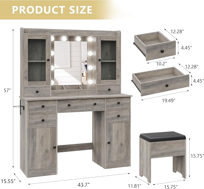 Makeup Vanity Desk with Mirror and Lights, Grey Vanity Table Set with Storage Drawers, Charging Station, Cabinets & Chair, Large Dressing Table with RGB Ambient Light for Women Girls Bedroom Bathroom