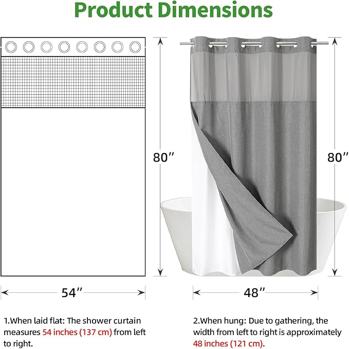 Stall No Hooks Needed Linen Textured Shower Curtain with Snap-in Fabric Liner Set,Hotel Luxury Decor Farmhouse Shower Curtains for Bathroom,Waterproof & Washable,54Wx80H,Grey/Gray