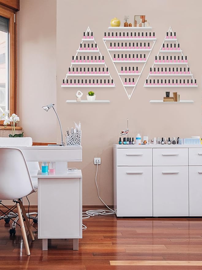 EBANKU 6PCS Nail Polish Racks 5 Tiers Nail Polish Shelf for Wall Triangular Display Rack Cosmetic Display Cases Lipstick Perfume Wall Shelf Essential Oil Organizers for Home Spa Nail Salon Shop(White)