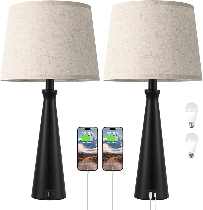 Seealle Modern Table Lamps Set of 2 - Touch Bedside Lamp for Nightstand with USB C+A,3-Way Dimmable Black Nightstand Lamps for Living Room Bedroom End Table with Beige Shade(Bulb Included)