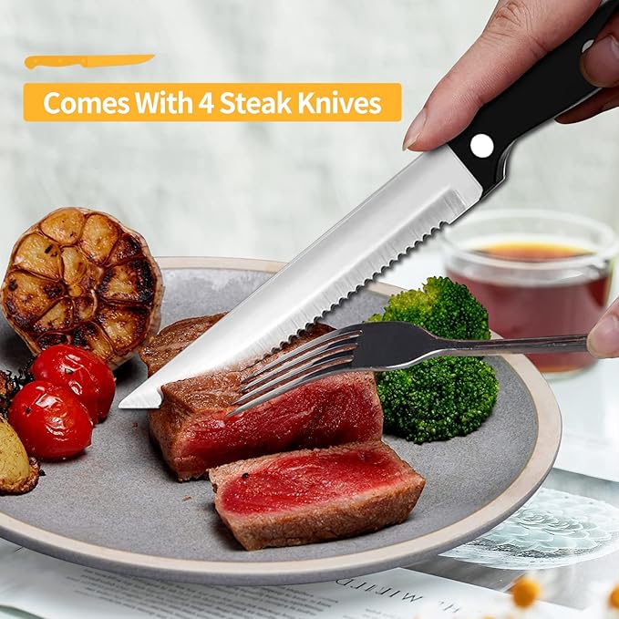 ENLOY 24 Pieces Silverware Set with Steak Knives, Stainless Steel Flatware Cutlery, Include Knife Fork Spoon, Mirror Polished, Dishwasher Safe, Service for 4